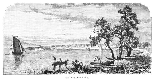 kelleys island south side, lake erie, ohio, stany zjednoczone, geografia - number of people people in the background flowing water recreational boat stock illustrations