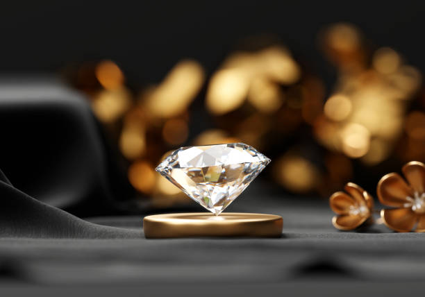 abstrakter diamant-edelstein auf schwarzem stoffhintergrund weichzeichner mit dekoration 3d-rendering - jewelry gem gold reflection stock-fotos und bilder