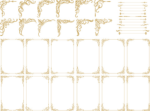 Set of gold vintage frame corners isolated background. Vector illustration