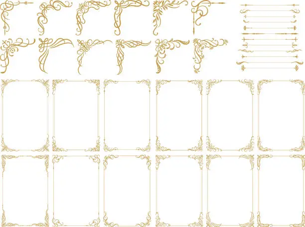 Vector illustration of Set of gold vintage frame corners isolated background. Vector illustration.