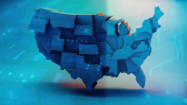 istock Map of USA with states on blue digital background 1476792814