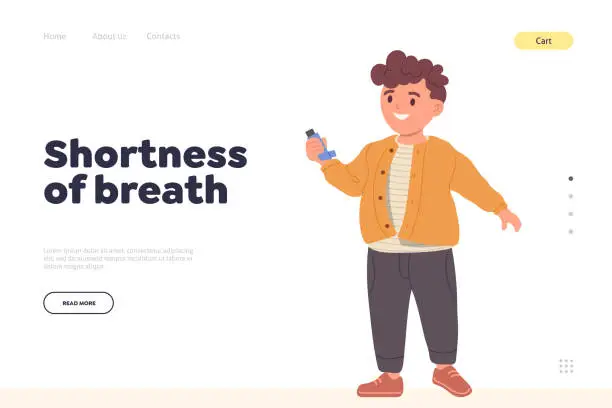 Vector illustration of Shortness of breath landing page for online medical service, boy suffers from difficult breathing