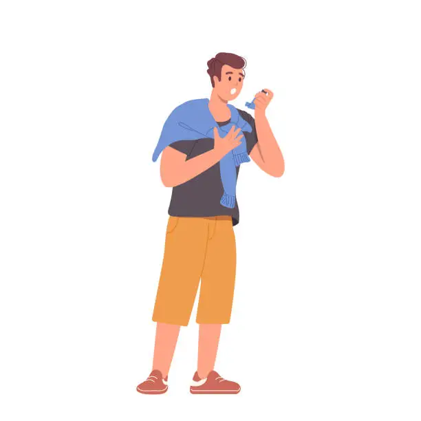 Vector illustration of Young cartoon man having dry cough using inhaler nebulizer from respiratory disease symptom