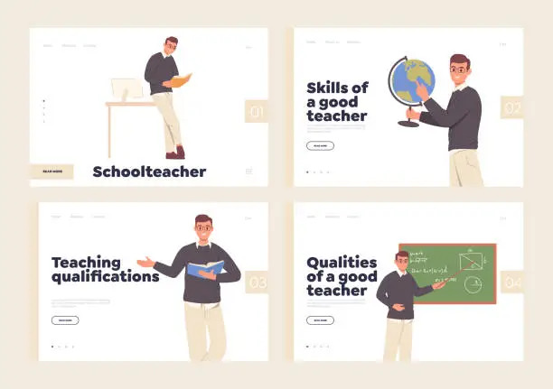 Vector illustration of Set of landing page template with skilled professional school and university teacher characters