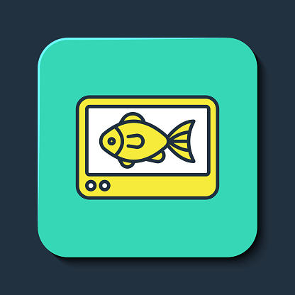 Filled outline Fish finder echo sounder icon isolated on blue background. Electronic equipment for fishing. Turquoise square button. Vector.