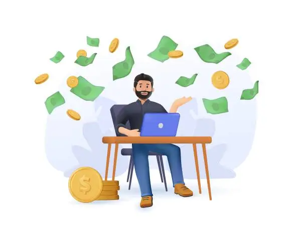 Vector illustration of Earn money online 3D concept. Man working online with computer and coins 3D vector illustration. Freelancer making money