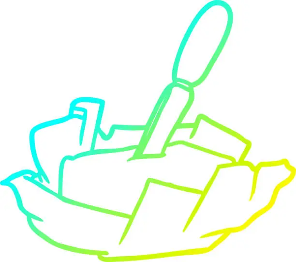 Vector illustration of cold gradient line drawing of a traditional pat of butter with knife