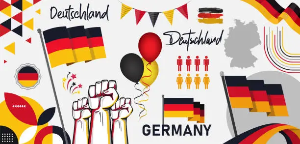 Vector illustration of Germany national day banner design collection set. German flag theme graphic art background. Abstract Deutschland celebration decoration icons, black red yellow color. Map ribbon fists balloons.