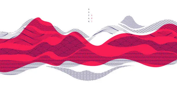 Vector illustration of Oriental Japanese style vector abstract illustration in red color, background in Asian traditional style, wavy shapes and mountains terrain, runny like sea lines.