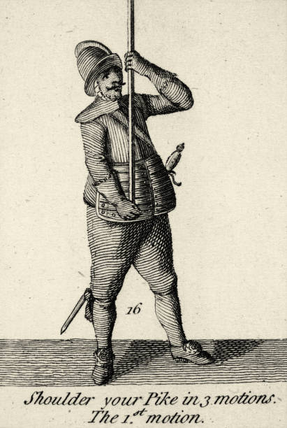 Vintage illustration, English soldier, Pikeman, Shouldered Pike, Military History, Weapons 17th Century