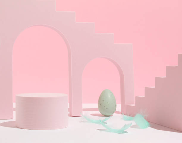 istock Podium, stand for product presentation, pastel green Easter egg and feathers on pink background. Mockup for branding and festive packaging presentation. Modern aesthetic. 1476801894