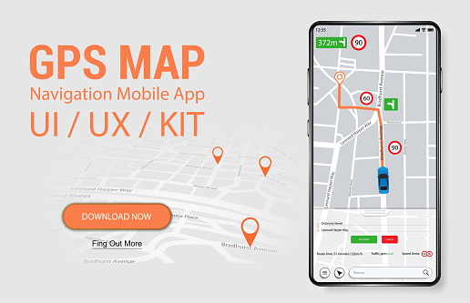 Map GPS navigation, smartphone application. UI/UX/KIT Mobile App. Thoughtful and simple application shows roads, speed limit, time. Flat design. Vector illustration