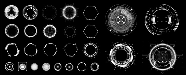 Circle HUD elements for UI, UX, GUI. Set abstract digital circular shapes. Sky-fi interface objects, hologram VR gadgets round, spiral and other elements of the interface HUD. Vector flat collection
