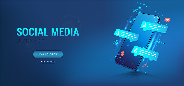 Social network and Social media illustration concept. Chatting and communication on modern app. Mobile phone mockup with likes, message bubbles and icons. UI app social media. Vector blue web banner