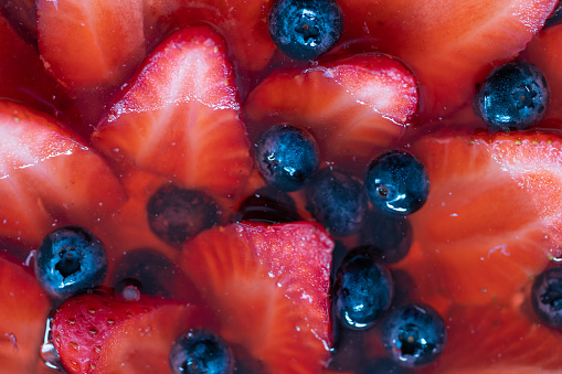 Strawberry Tart with Blueberries. Close shot.