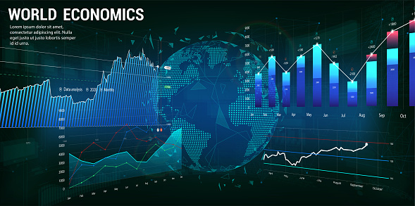World economics concept with charts and 3D Earth Globe. Futuristic trading banner. Forex market. Financial investment and economic trends. Trade Platform. Vector illustration