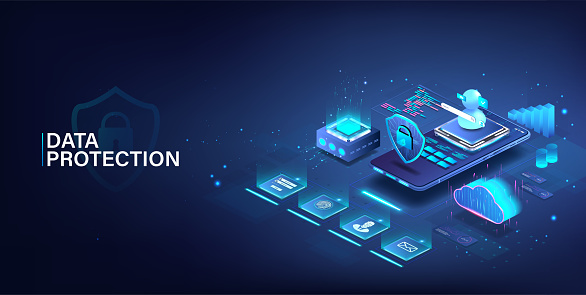 Personal data protection and cyber security of your phone, concept vector illustration in 3d isometric style. Smartphone data protection app. Mobile phone and shield. Vector 3d illustration