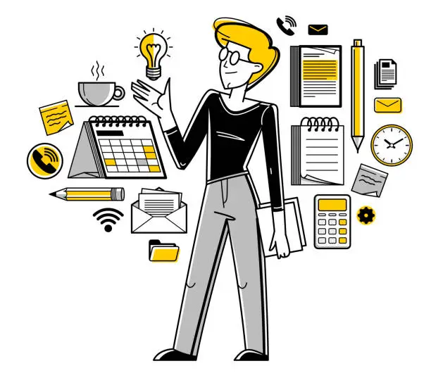 Vector illustration of Office worker doing everyday job vector outline illustration, career in company for employee, business and paperwork, manager.