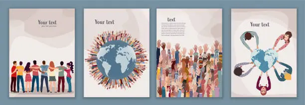 Vector illustration of Poster template with group of people of diverse cultures. Hands raised around the earth. Together cooperating for an eco and clean environment and earth. Community.Environmental protection