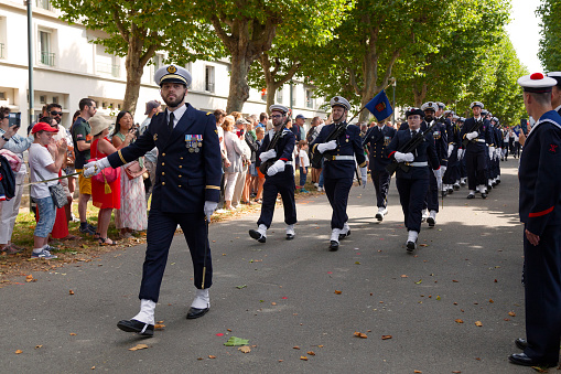 Brest, France - July 14 2022: Soldiers of the naval action force of Brest, of the naval aeronautics base of Landivisiau marching for Bastille Day.