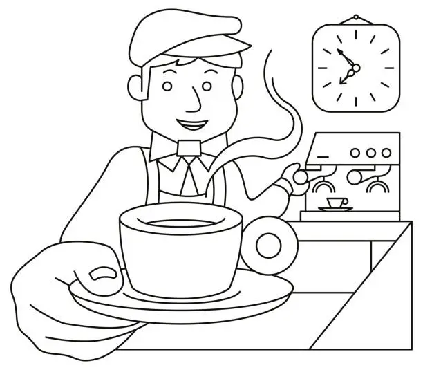 Vector illustration of Barista serves coffee espresso, smiling barista working behind cafe counter has just made coffee from professional coffee machine vector line art illustration