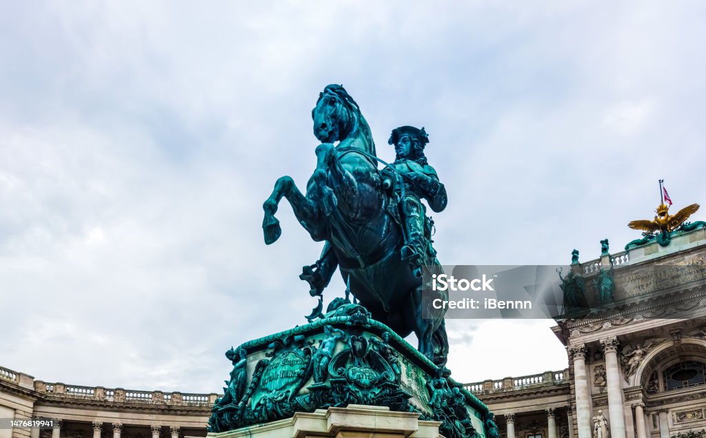 Prince Eugene of Savoy Prince Eugene of Savoy (Prinz Eugen von Savoyen) equestrian statue in front of Hofburg palace, Heldenplatz, Vienna, Austria. Antique Stock Photo