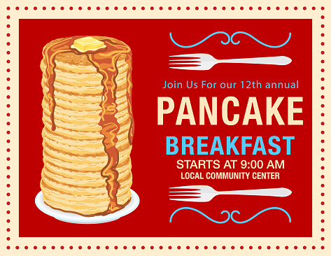 Bright pancake breakfast event flyer template on a colored background. Text is on its own layer for easier editing or removal.