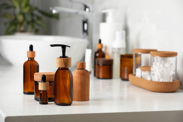 istock Different personal care products on countertop in bathroom. Space for text 1476824273