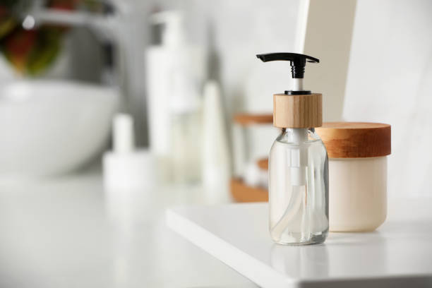 istock Different personal care products on shelf in bathroom. Space for text 1476824325