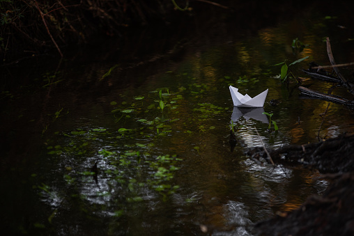 Simple, white, paper boat floats along small river in green forest. Hobby origami. The concept of loneliness, freedom, travel. The beauty of nature, solitude. The feeling of limitlessness. Copy space