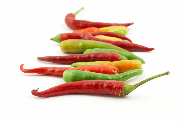 colorful hot peppers in a row stock photo