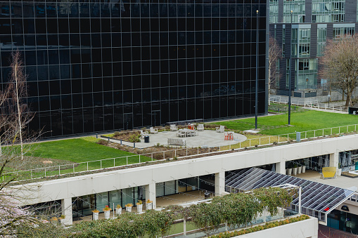 Office buildings in downtown Portland Oregon with a natural garden feature. Some of these buildings have rooftop gardens and plants growing in the skyline level. Urban sustainability concept.