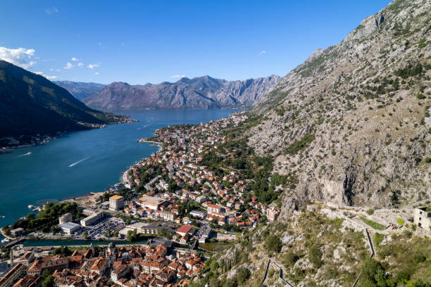 baia di cattaro - montenegro kotor bay fjord town foto e immagini stock