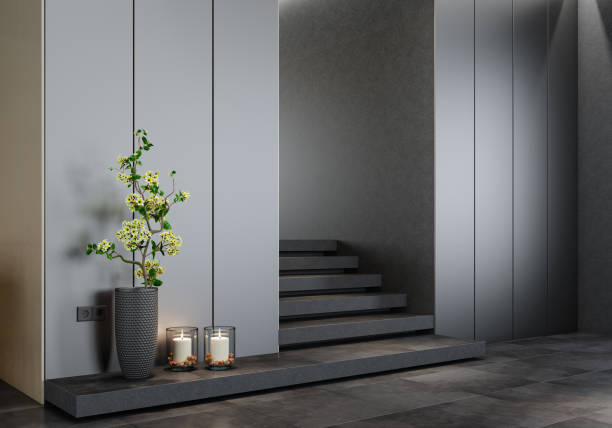 Modern minimalist interior entrance with dark stone stairs.