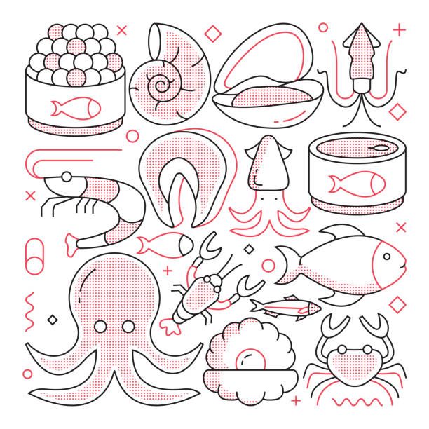 illustrazioni stock, clip art, cartoni animati e icone di tendenza di sea food web banner con icone lineari, vettore di stile lineare di tendenza - caviar