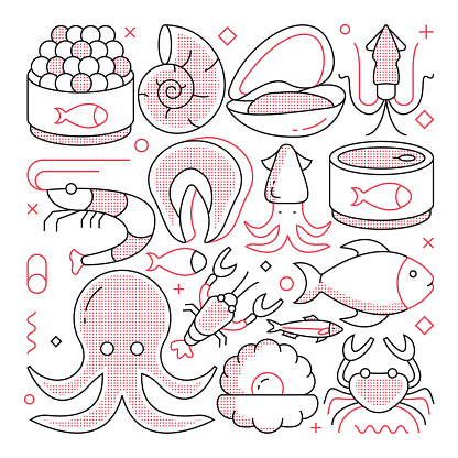 SEA FOOD Web Banner with Linear Icons, Trendy Linear Style Vector