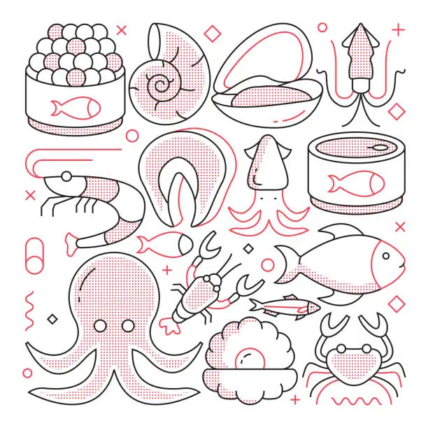 Vector illustration of SEA FOOD Web Banner with Linear Icons, Trendy Linear Style Vector