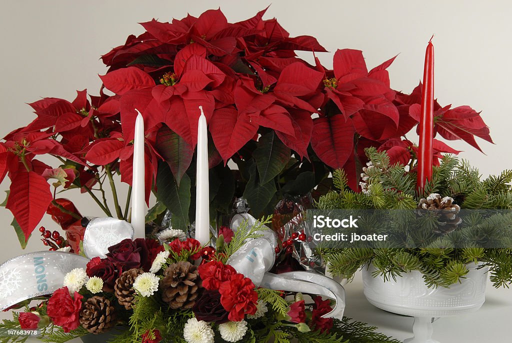 Arranjo com Poinsettias Flores e velas - Foto de stock de Arranjo de Flores royalty-free