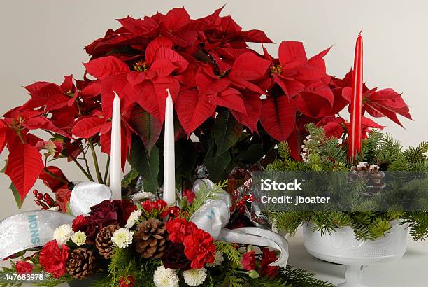 Foto de Arranjo Com Poinsettias Flores E Velas e mais fotos de stock de Arranjo de Flores - Arranjo de Flores, Azevinho, Bico-de-Papagaio