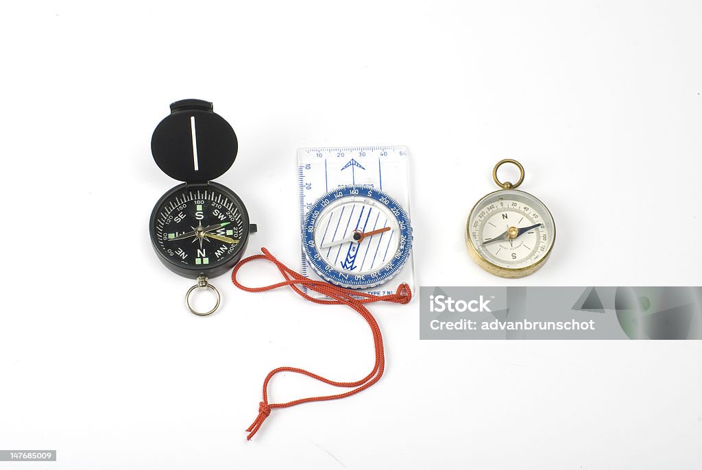 3 compasses three types of compasses, against white background Cartography Stock Photo