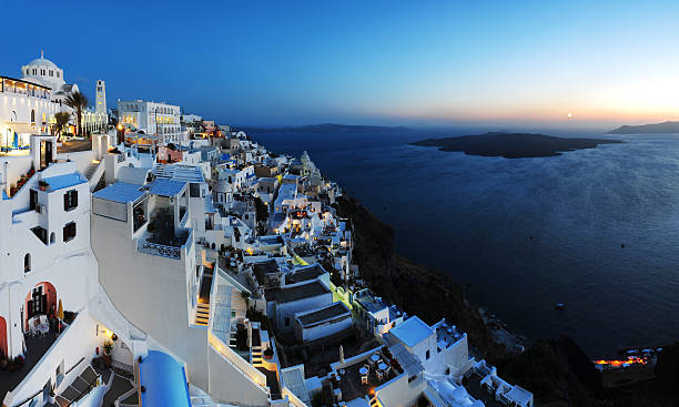 A panorama of the bustling town of Santorini stock photo