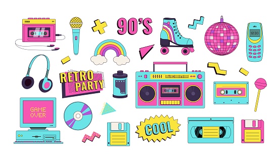 Set of 90s 00s retro devices in Memphis style. Vintage audio player, cassette, old pc, floppy disk, mobile telephone, skate, game console vector illustration. Nostalgia for 1990s.