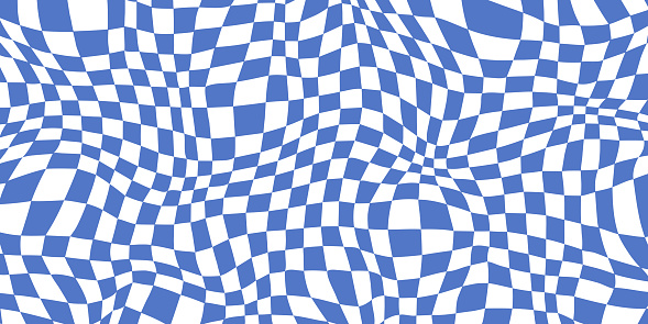 Trippy checkerboard background. Blue retro psychedelic checkered wallpaper. Wavy groovy chessboard surface. Distorted and twisted geometric pattern. Abstract vector backdrop