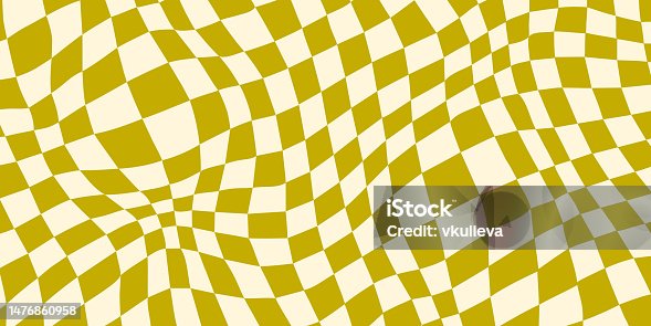 istock Green trippy checkerboard background. Retro psychedelic checkered wallpaper. Wavy groovy chessboard surface. Distorted geometric pattern. Abstract vector backdrop 1476860958