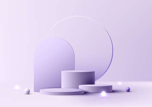 3D realistic empty studio room group of purple cylinder podium stand transparency glass circle backdrop decoration with sphere light balls on minimal wall scene purple background. Product display for cosmetic, showroom, showcase, presentation, etc. Vector illustration