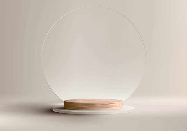 istock 3D realistic empty studio room wooden cylinder podium pedestal stand with transparent glass circle backdrop on beige background 1476863917