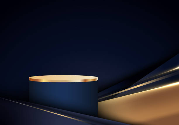 istock 3D realistic luxury style blue and gold podium stand with abstract blue metallic stripe golden lines and lighting effect on black background 1476863940