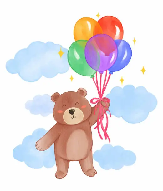 Vector illustration of Brown bear is floating with balloons in the sky . Realistic watercolor paint with paper textured . Cartoon character design . Vector .