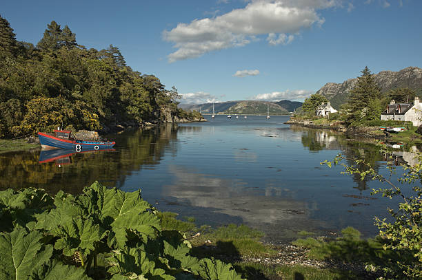 picturesque bay with houses and boat near plockton, Scotland