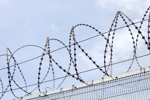 istock Barbed wires against sky. Wired fence 1476865005
